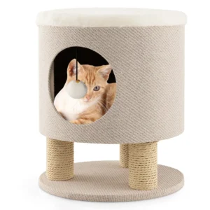 Huisdierbedden voor binnenkatten poef en kattenbed met krabpaal pluche bal modern 3 in 1 meubel voor kleine en middelgrote katten beige 1