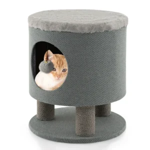 Huisdierbedden voor binnenkatten poef en kattenbed met krabpaal pluche bal modern 3 in 1 meubel voor kleine en middelgrote katten grijs 1