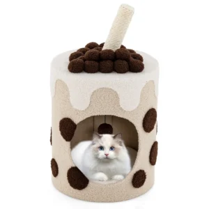 Huismand voor katten verwijderbaar kussen 360° draaibare krabpaal schattige kopvorm hangende pompon beige 1