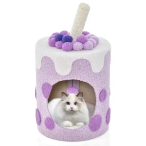 Huismand voor katten verwijderbaar kussen 360° draaibare krabpaal schattige kopvorm hangende pompon paars 1