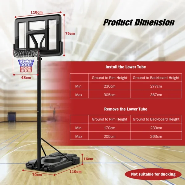 In hoogte verstelbaar basketbalstandaard 12 laags basketbalring voor volwassenen met wielen 110 cm onbreekbaar bord 2