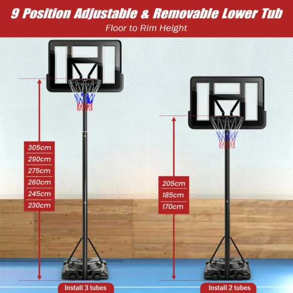 In hoogte verstelbaar basketbalstandaard 12 laags basketbalring voor volwassenen met wielen 110 cm onbreekbaar bord 3
