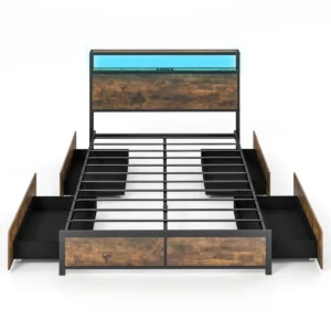 Industrieel tweepersoonsbed voor volwassenen met 4 laden en hoofdeinde led verlichting bedframe met stopcontact 1