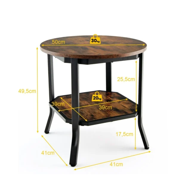 Industriële ronde bijzettafel 2 laags accent bijzettafel met open schap & stalen poten multifunctionele banktafel rustiek bruin 4