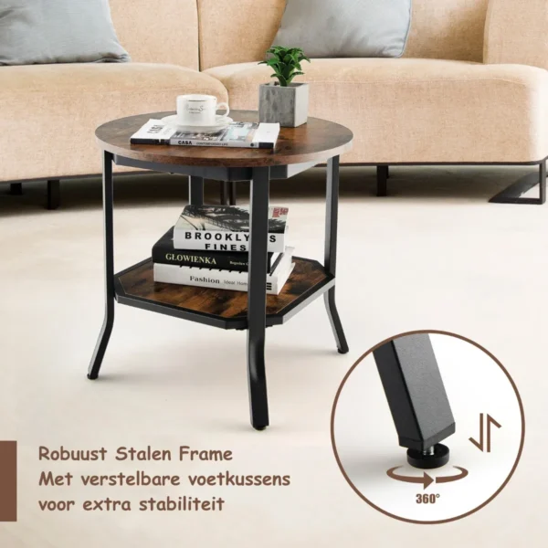 Industriële ronde bijzettafel 2 laags accent bijzettafel met open schap & stalen poten multifunctionele banktafel rustiek bruin 6