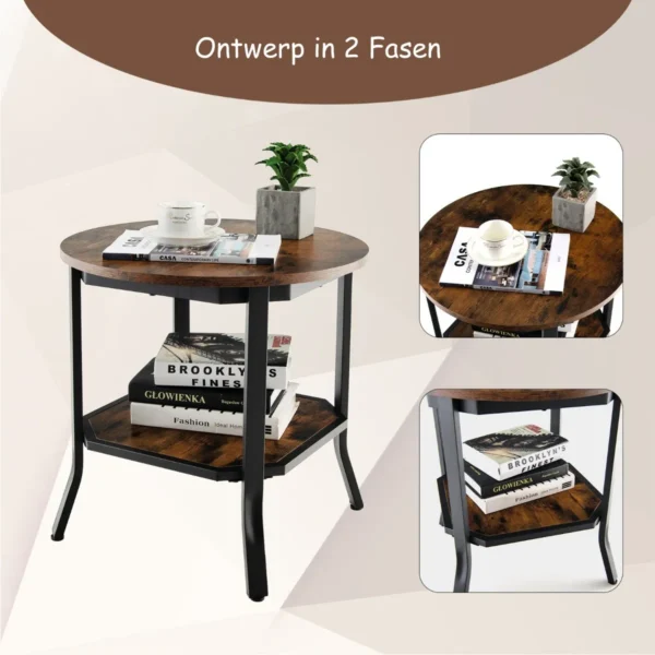 Industriële ronde bijzettafel 2 laags accent bijzettafel met open schap & stalen poten multifunctionele banktafel rustiek bruin 7