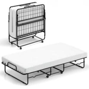 Inklapbaar logeerbed 90 x 190 cm opklapbed met 10 cm dik schuimmatras lattenbodem van metaal vouwbed met wielen 1