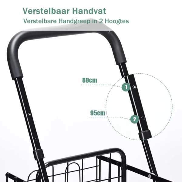 Inklapbare boodschappentrolley winkelwagentje met dubbele mand draagbare handwagen met verstelbare handgreep (zwart) 5