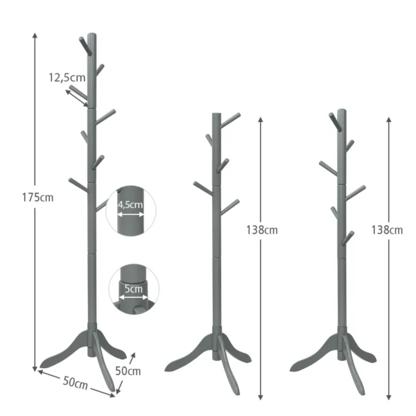 Kapstok met 8 haken 175 cm kledingstandaard van hout in hoogte verstelbaar jasstandaard voor slaapkamer woonkamer (grijs) 3