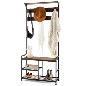 Kapstok met 9 haken en schoenenrek 3 niveaus garderobe kledingstandaard metalen frame voor hal en slaapkamer bruin 1