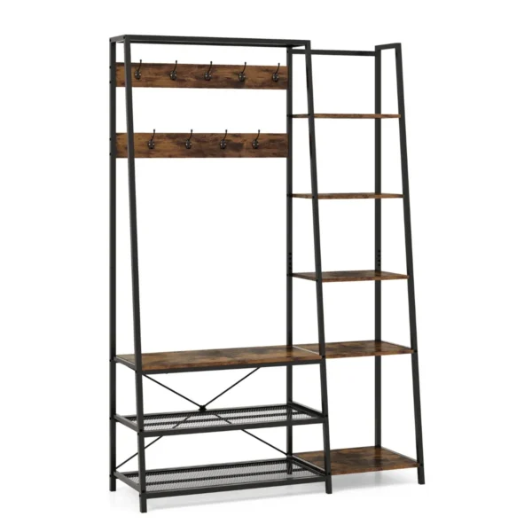 Kapstok met opbergbank 5 in 1 ingangsbank 9 haken 5 zijplanken 2 metalen gaasplanken industriële stijl metalen frame bruin 2
