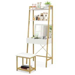 Kaptafel en kruk set met inklapbare spiegel bureau met planken verborgen opbergvakken en gestoffeerde kruk make up kaptafel wit 1