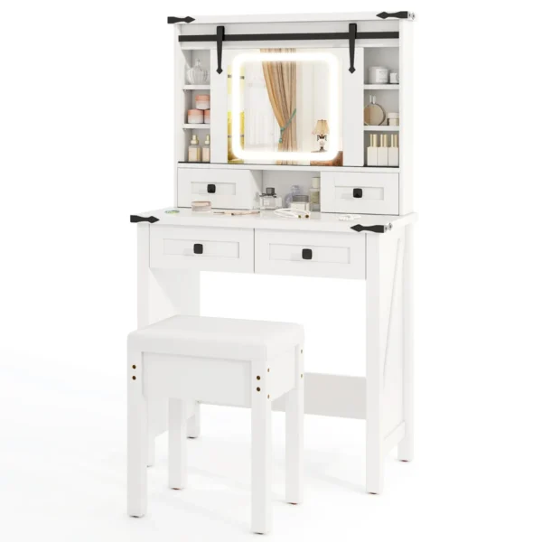 Kaptafel en kruk set met verlichting en schuifspiegel led verlichting zijkast 4 lades verstelbare opbergplanken wit 1