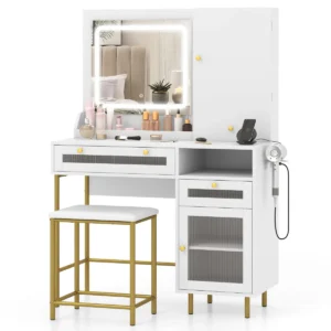Kaptafel en krukset make uptafel met 3 kleuren led spiegel oplaadstation sieradenkast en lades moderne kaptafel wit 1