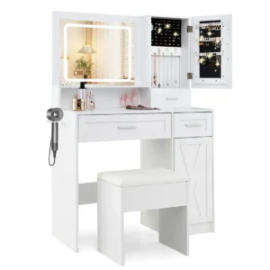 Kaptafel en krukset make uptafel met 3 kleuren led spiegel oplaadstation sieradenkast en lades witte kaptafel 1