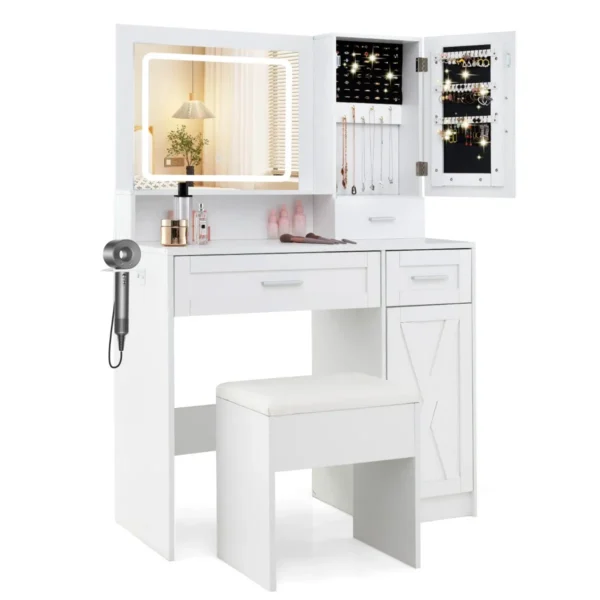 Kaptafel en krukset make uptafel met 3 kleuren led spiegel oplaadstation sieradenkast en lades witte kaptafel 1