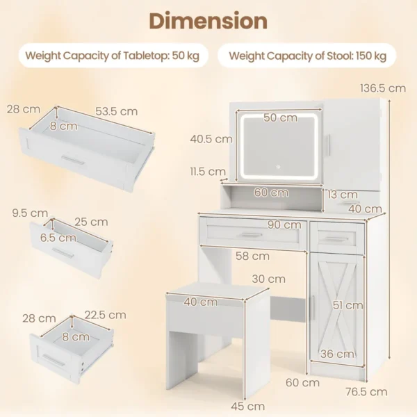 Kaptafel en krukset make uptafel met 3 kleuren led spiegel oplaadstation sieradenkast en lades witte kaptafel 2