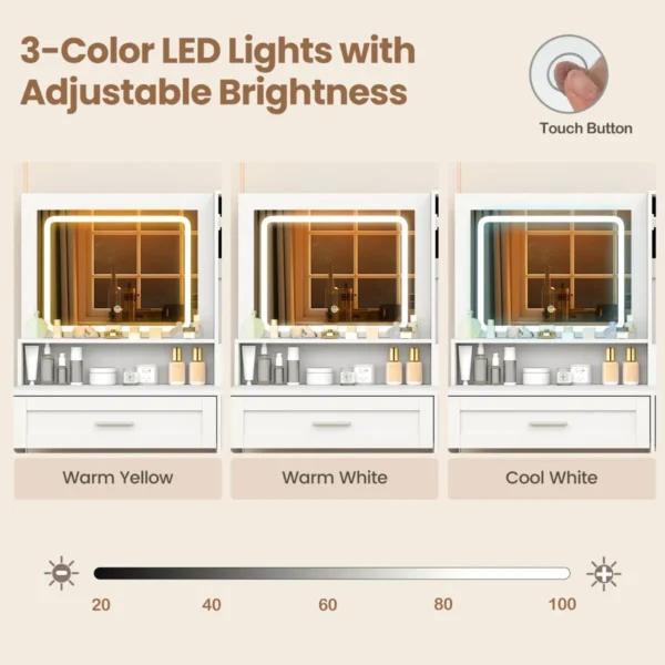 Kaptafel en krukset make uptafel met 3 kleuren led spiegel oplaadstation sieradenkast en lades witte kaptafel 4