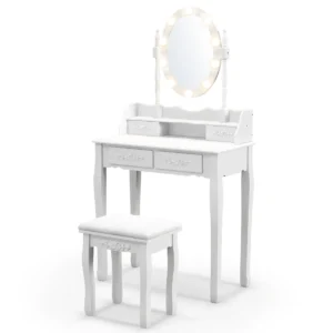Kaptafel met 10 led lampjes make up tafel met verlichte ovale spiegel en aanrakingsschakelaar helderheid verstelbaar 4 lades kruk (wit) 1