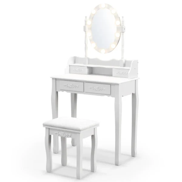 Kaptafel met 10 led lampjes make up tafel met verlichte ovale spiegel en aanrakingsschakelaar helderheid verstelbaar 4 lades kruk (wit) 1