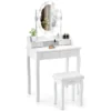 Kaptafel met 10 led lampjes make up tafel met verlichte ovale spiegel en aanrakingsschakelaar helderheid verstelbaar 4 lades kruk (wit) 2