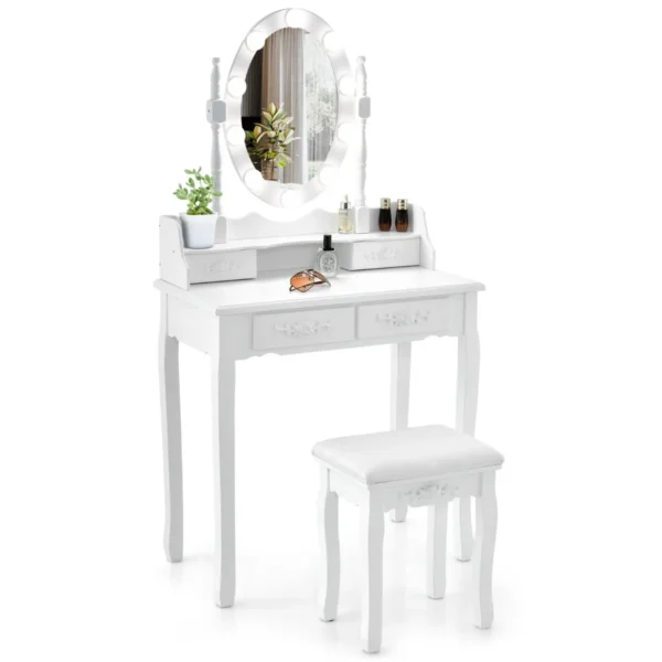 Kaptafel met 10 led lampjes make up tafel met verlichte ovale spiegel en aanrakingsschakelaar helderheid verstelbaar 4 lades kruk (wit) 2