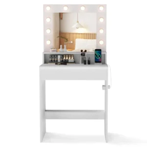 Kaptafel met led verlichting instelbare helderheid kaptafel met spiegel en oplaadstation cosmeticatafel met lade en open vak wit 1