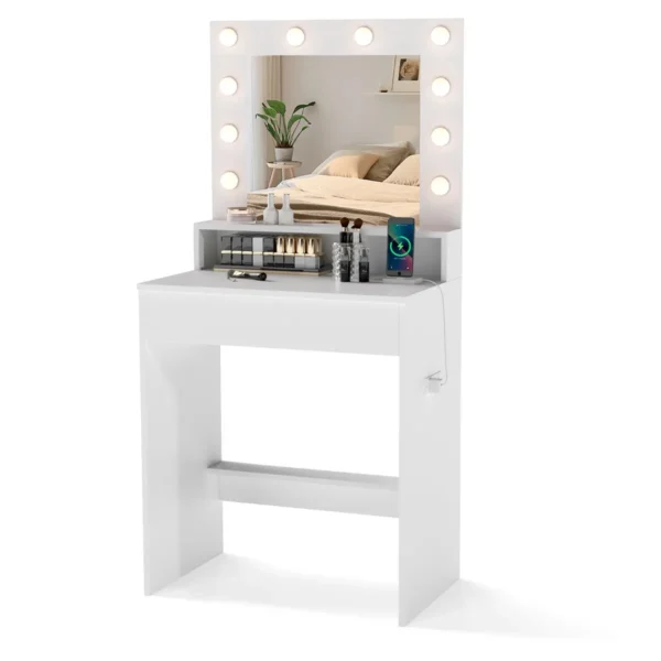 Kaptafel met led verlichting instelbare helderheid kaptafel met spiegel en oplaadstation cosmeticatafel met lade en open vak wit 3