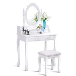 Kaptafel met spiegel en 4 lades moderne kaptafel met kussentje make up kaptafel set met verwijderbaar blad wit 1