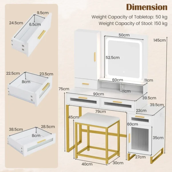 Kaptafel met verlichte spiegel make uptafel en krukset met oplaadstation 3 kleurige led verlichting sieradenkast lades en open plank 2