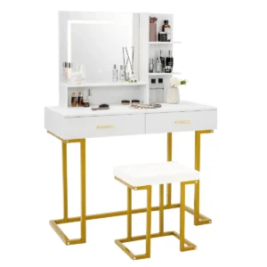 Kaptafel set met grote spiegel make up tafel met beklede kruk en verlichte led verlichting 2 lades opbergplanken stalen poten wit 1