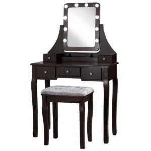 Kaptafel set met rechthoekige spiegel en gedempte kruk make up tafel met 10 led dimbare gloeilampen houten kaptafel met 5 laden 1