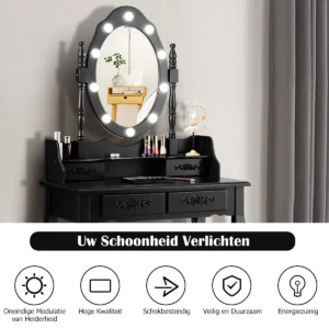 Kaptafelset met ovale spiegel en 10 dimbare led lampen klassieke make up kaptafelset 75 x 40 x 146 cm zwart 1