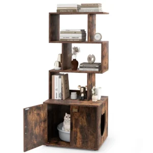 Kattenbak 142 cm hoog 2 in 1 kattenbak 3 open schappen zij ingang deuren hoekdierbak industriële stijl 1