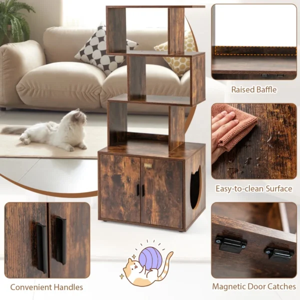 Kattenbak 142 cm hoog 2 in 1 kattenbak 3 open schappen zij ingang deuren hoekdierbak industriële stijl 5