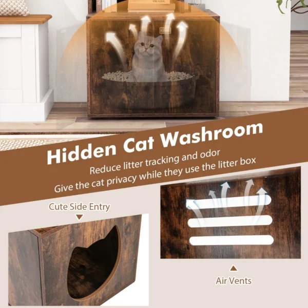 Kattenbak 142 cm hoog 2 in 1 kattenbak 3 open schappen zij ingang deuren hoekdierbak industriële stijl 6