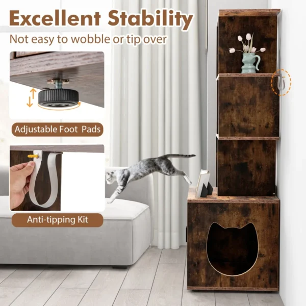 Kattenbak 142 cm hoog 2 in 1 kattenbak 3 open schappen zij ingang deuren hoekdierbak industriële stijl 7