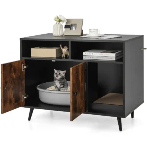 Kattenbak met krabpaal kattentoilet kantelbeveiliging 2 opbergplanken metalen schuine poten 90 x 50 x 70 cm zwart + bruin 1
