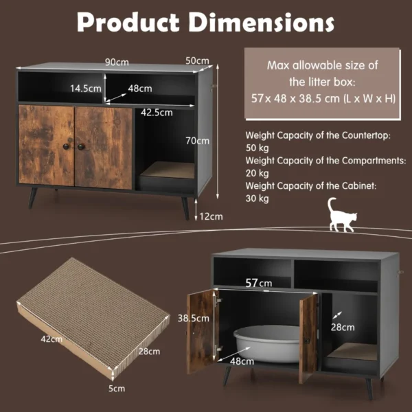 Kattenbak met krabpaal kattentoilet kantelbeveiliging 2 opbergplanken metalen schuine poten 90 x 50 x 70 cm zwart + bruin 3