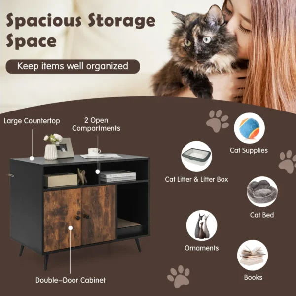Kattenbak met krabpaal kattentoilet kantelbeveiliging 2 opbergplanken metalen schuine poten 90 x 50 x 70 cm zwart + bruin 5