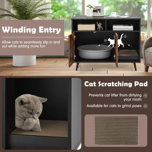 Kattenbak met krabpaal kattentoilet kantelbeveiliging 2 opbergplanken metalen schuine poten 90 x 50 x 70 cm zwart + bruin 6