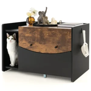 Kattenbak met uittrekbare lade op wieltjes klapdeur binnenkastje aan de zijkant nachtkastje verborgen kattentoilet zwart + bruin 1