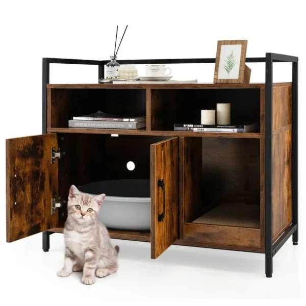 Kattenbak verborgen kattentoilet met dubbele deuren en krabplank voor ingang slaapkamer woonkamer bruin 90 x 45 x 74 cm 1