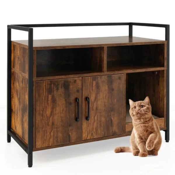 Kattenbak verborgen kattentoilet met dubbele deuren en krabplank voor ingang slaapkamer woonkamer bruin 90 x 45 x 74 cm 2