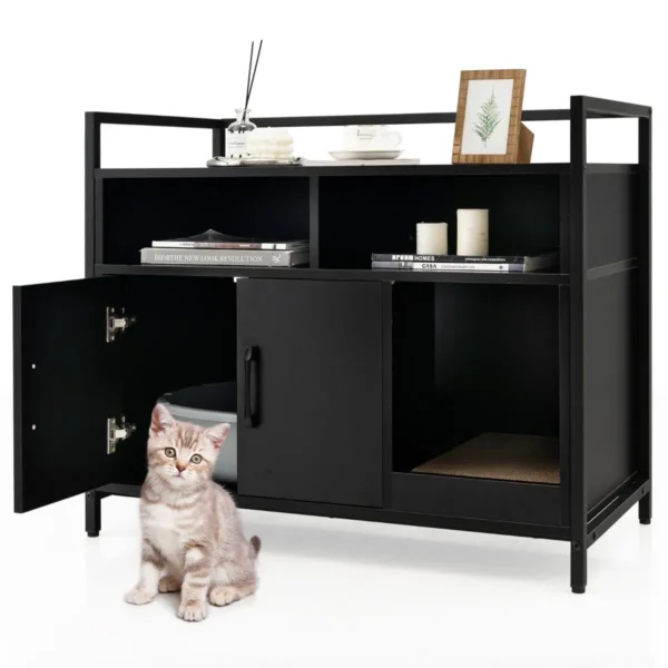 Kattenbak verborgen kattentoilet met dubbele deuren en krabplank voor ingang slaapkamer woonkamer zwart 90 x 45 x 74 cm 2
