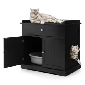 Kattenbak verborgen kattenwasruimte meubilair met lade en 2 deuren kattenhuis bijzettafel overdekt kattenhuis opbergkastje zwart 1