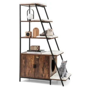 Kattenbakkast met opbergruimte 2 in 1 kattenmeubel 3 planken ladder zij ingang uitneembare pluchen mat hoekplank bruin 1