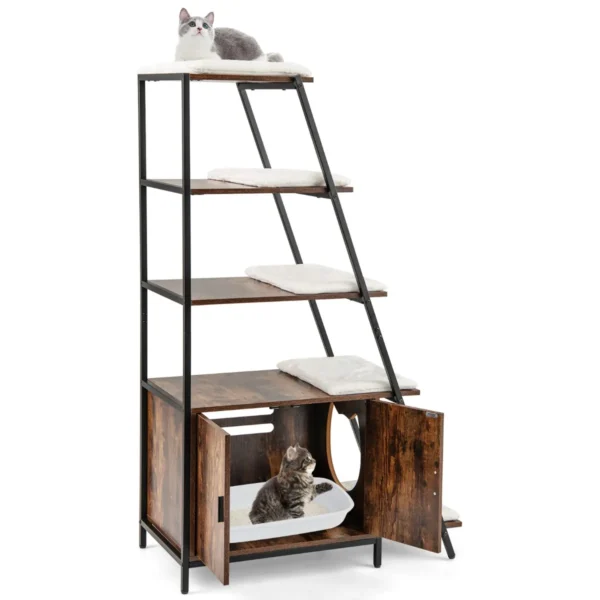 Kattenbakkast met opbergruimte 2 in 1 kattenmeubel 3 planken ladder zij ingang uitneembare pluchen mat hoekplank bruin 2