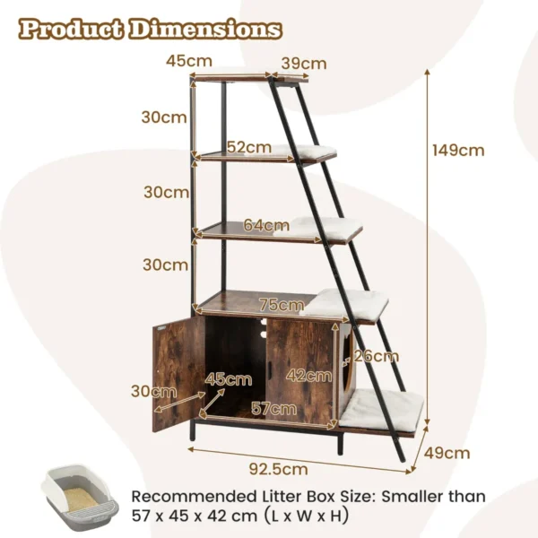 Kattenbakkast met opbergruimte 2 in 1 kattenmeubel 3 planken ladder zij ingang uitneembare pluchen mat hoekplank bruin 3