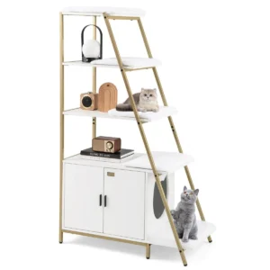 Kattenbakkast met opbergruimte 2 in 1 kattenmeubel 3 planken ladder zij ingang uitneembare pluchen mat hoekplank wit 1